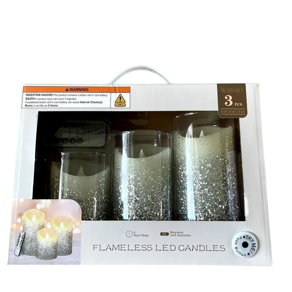 Set of 3 Silver Glitter Flameless LED Candles Battery Operated Holiday Decor NEW